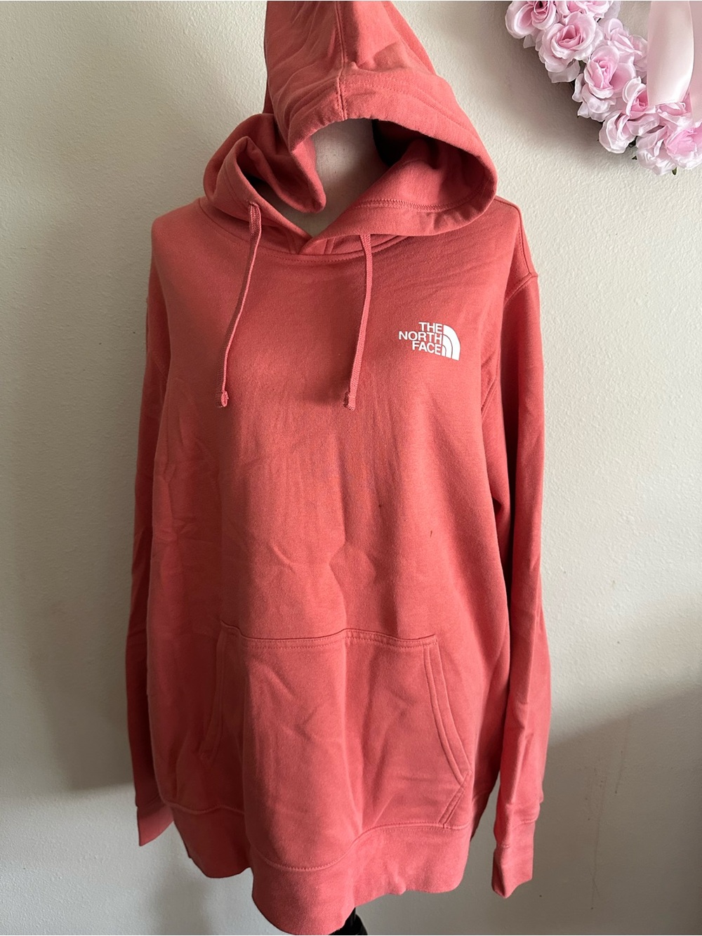 The North Face Coral Pink Pullover Hoodie with White Logo